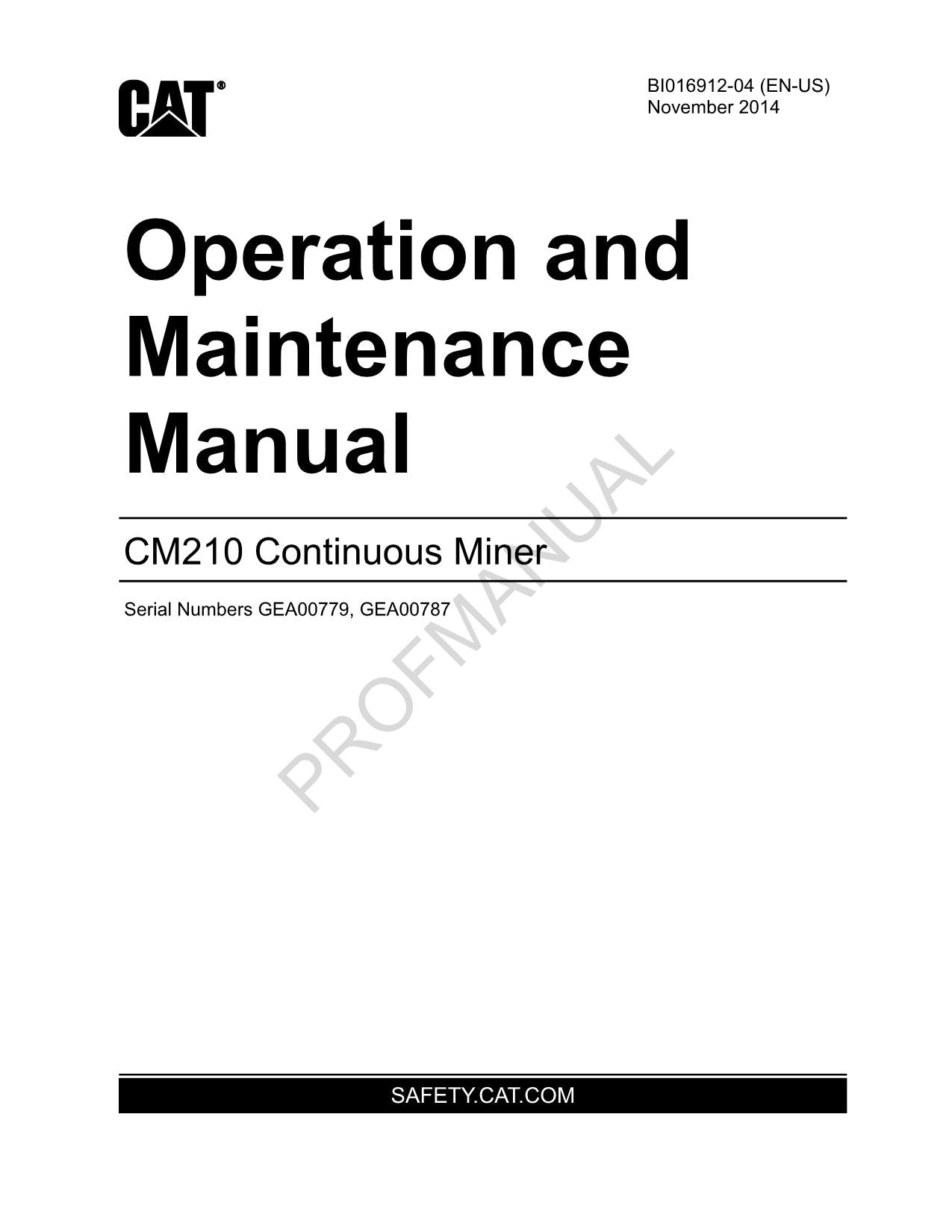 Caterpillar Cat CM210 Continuous Miner Operators Maintenance Manual