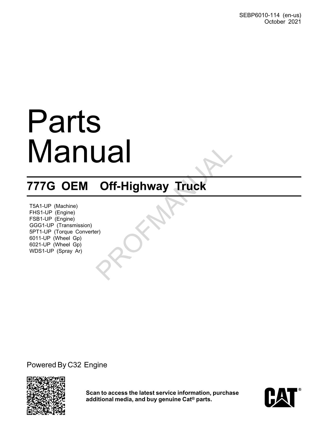 Manuel du catalogue des pièces détachées pour camions tout-terrain Caterpillar Cat 777G OEM SEBP6010