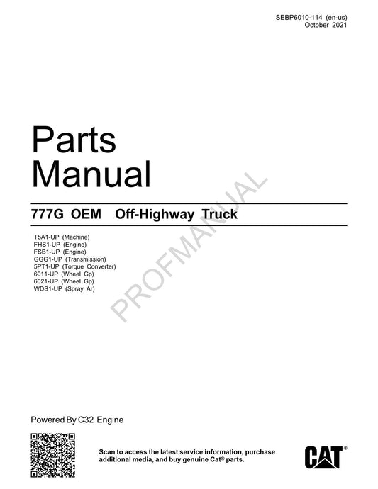 Caterpillar Cat 777G OEM Off Highway Truck Parts Catalog Manual SEBP6010