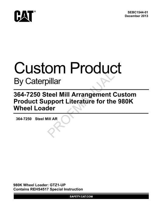 Caterpillar Cat 364 7250 Steel Mill Arrangement 980K Loader Parts Catalog Manual