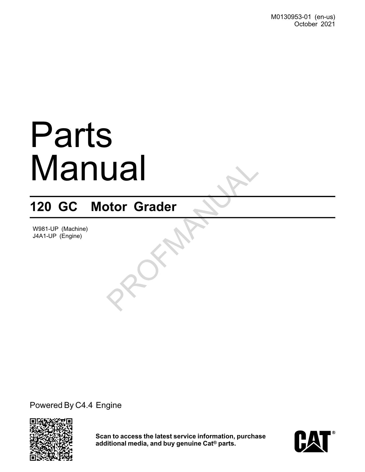 Caterpillar Cat 120 GC Motor Grader Parts Catalog Manual M0130953