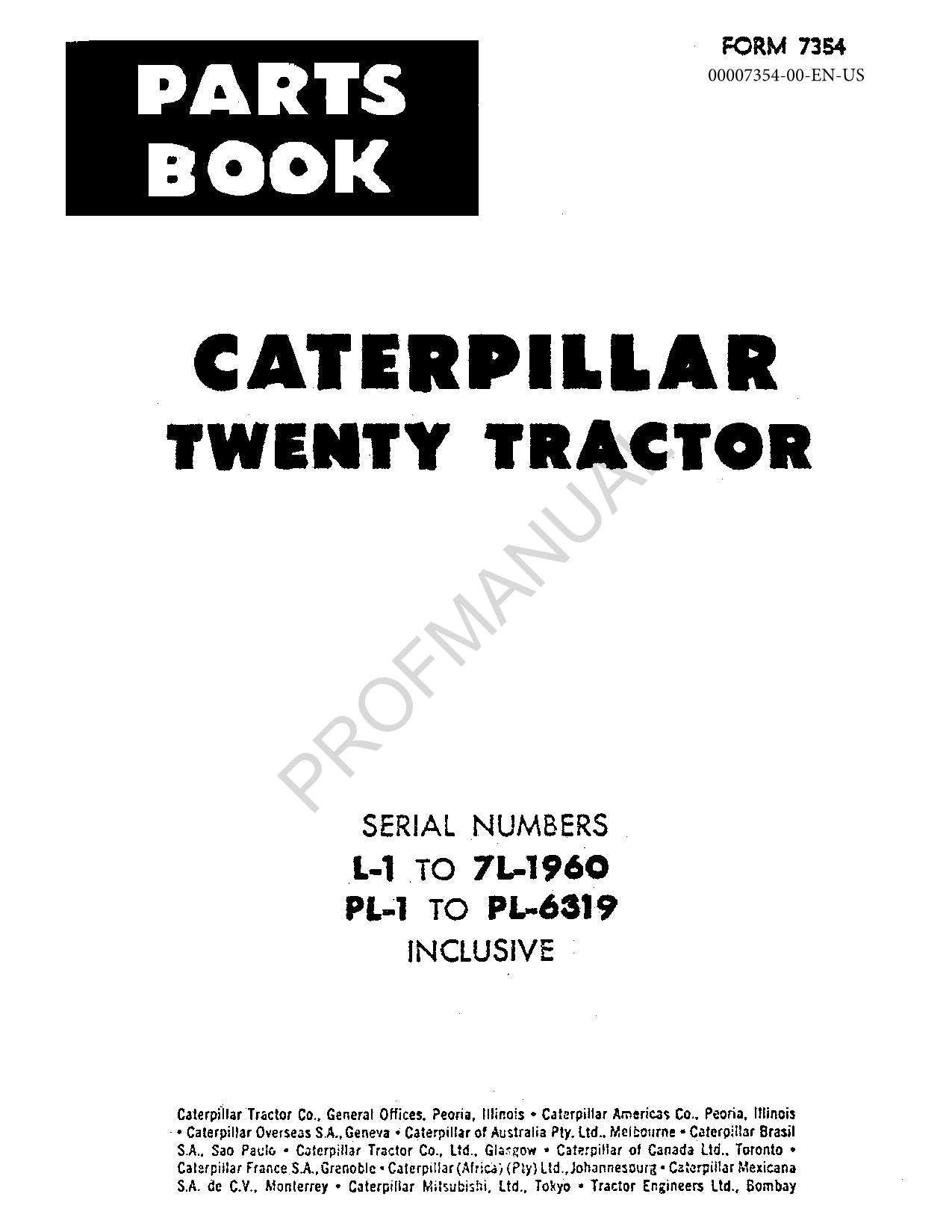 Caterpillar Cat Twenty Tractor Parts Catalog Manual ser L1-7L1960 PL1-PL6319