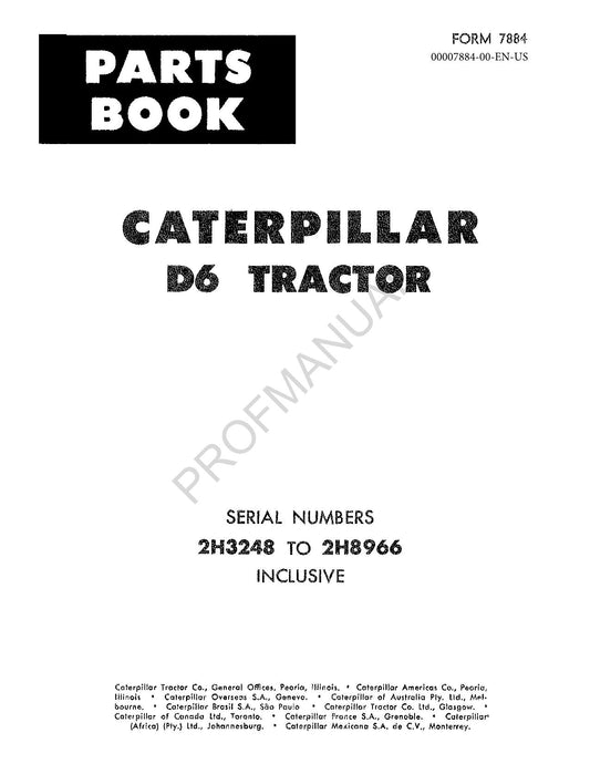 Caterpillar Cat D6 Tractor Parts Catalog Manual ser 2H3248-2H8966