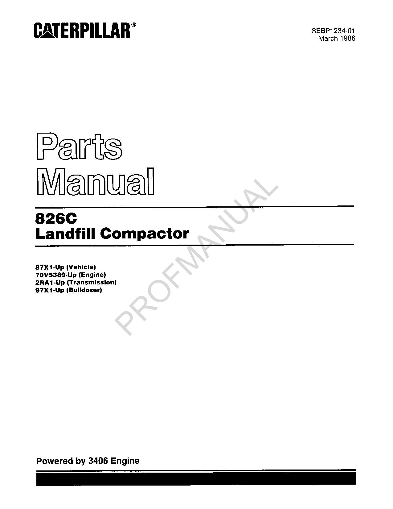 Caterpillar Cat 826C Landfill Compactor Parts Catalog Manual SEBP1234