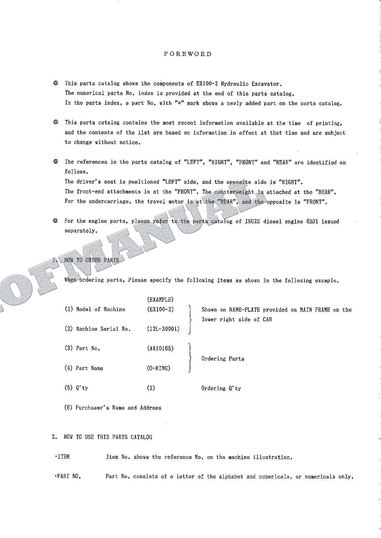 HITACHI EX100-2 SWEDEN NORWAY FINLAND Excavator Parts Catalog Manual