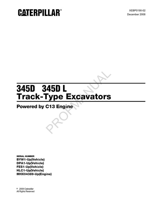 Caterpillar Cat 345D 345D L Track Type Excavator Parts Catalog Manual