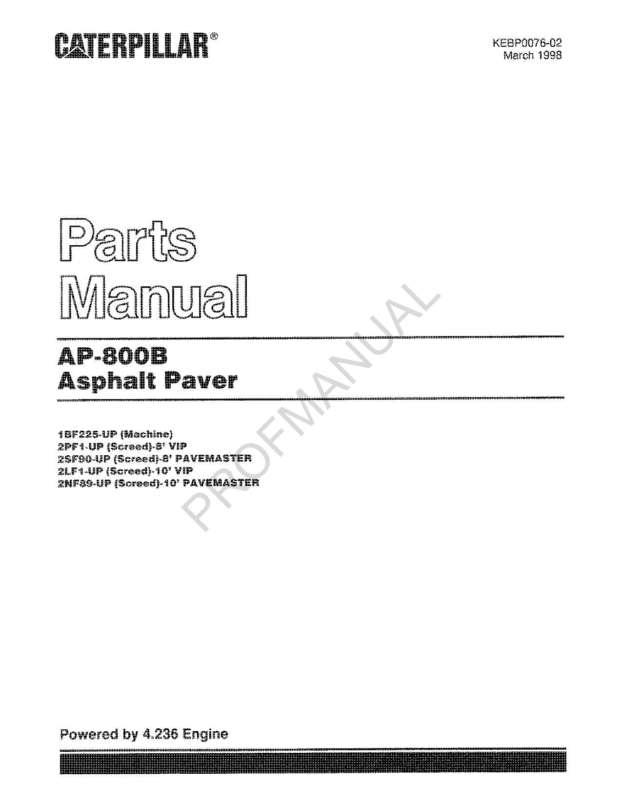 Caterpillar Cat AP 800B Asphalt Paver Parts Catalog Manual