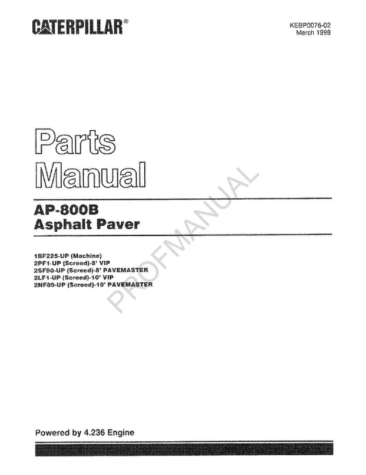 Caterpillar Cat AP 800B Asphalt Paver Parts Catalog Manual