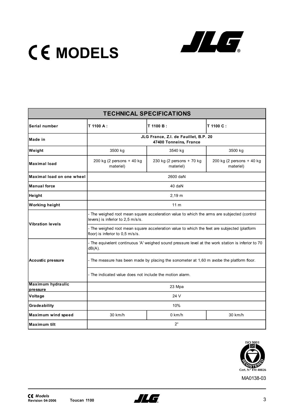 TOUCAN 1100 Vertical Lift Maintenance Operation Operators Manual