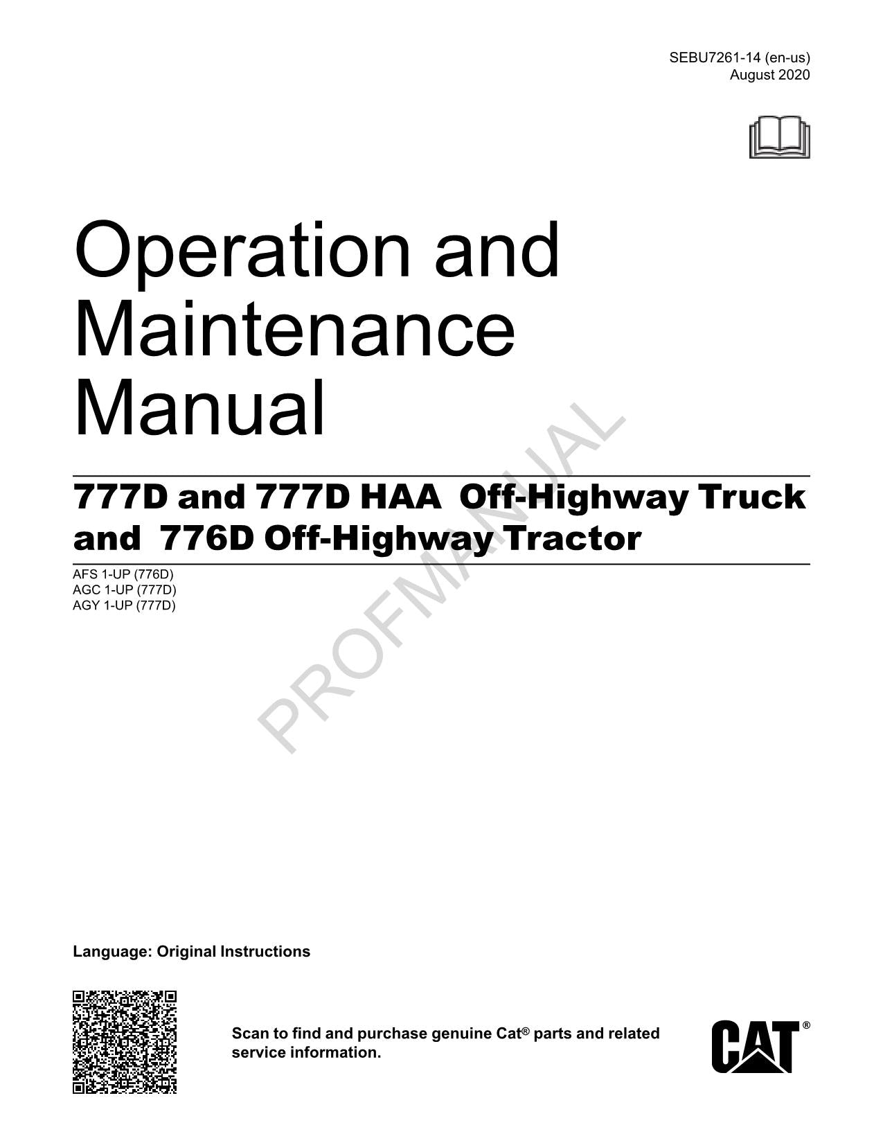 Caterpillar Cat 777D 777D HAA Off Highway Truck Operators Maintenance Manual