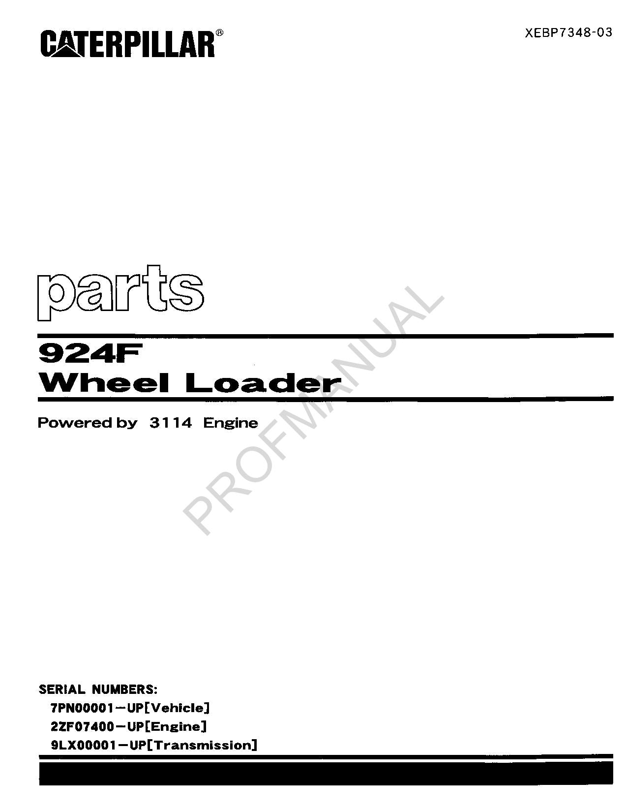 Caterpillar Cat 924F Wheel Loader Parts Catalog Manual XEBP7348