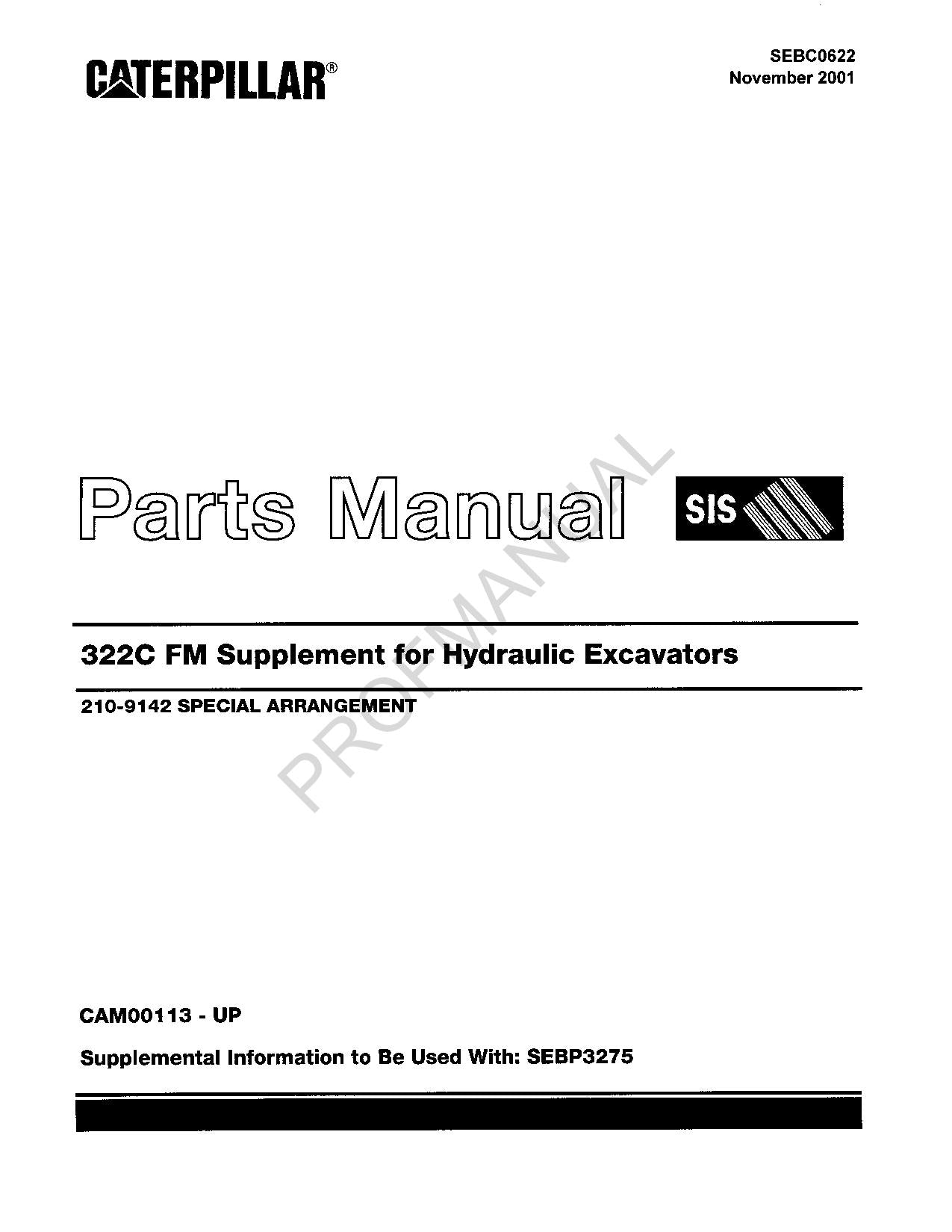 Manuel du catalogue des pièces détachées pour pelle hydraulique Caterpillar Cat 322C FM