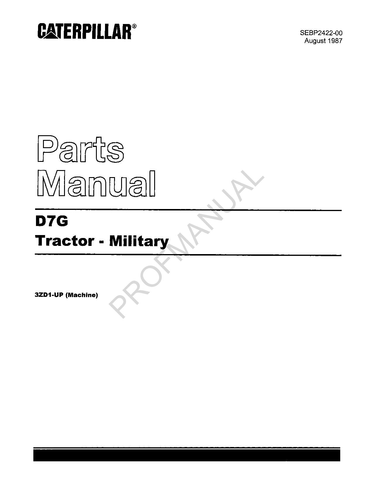 Catalogue de pièces détachées militaires pour tracteur Caterpillar Cat D7G série 3ZD1-Up