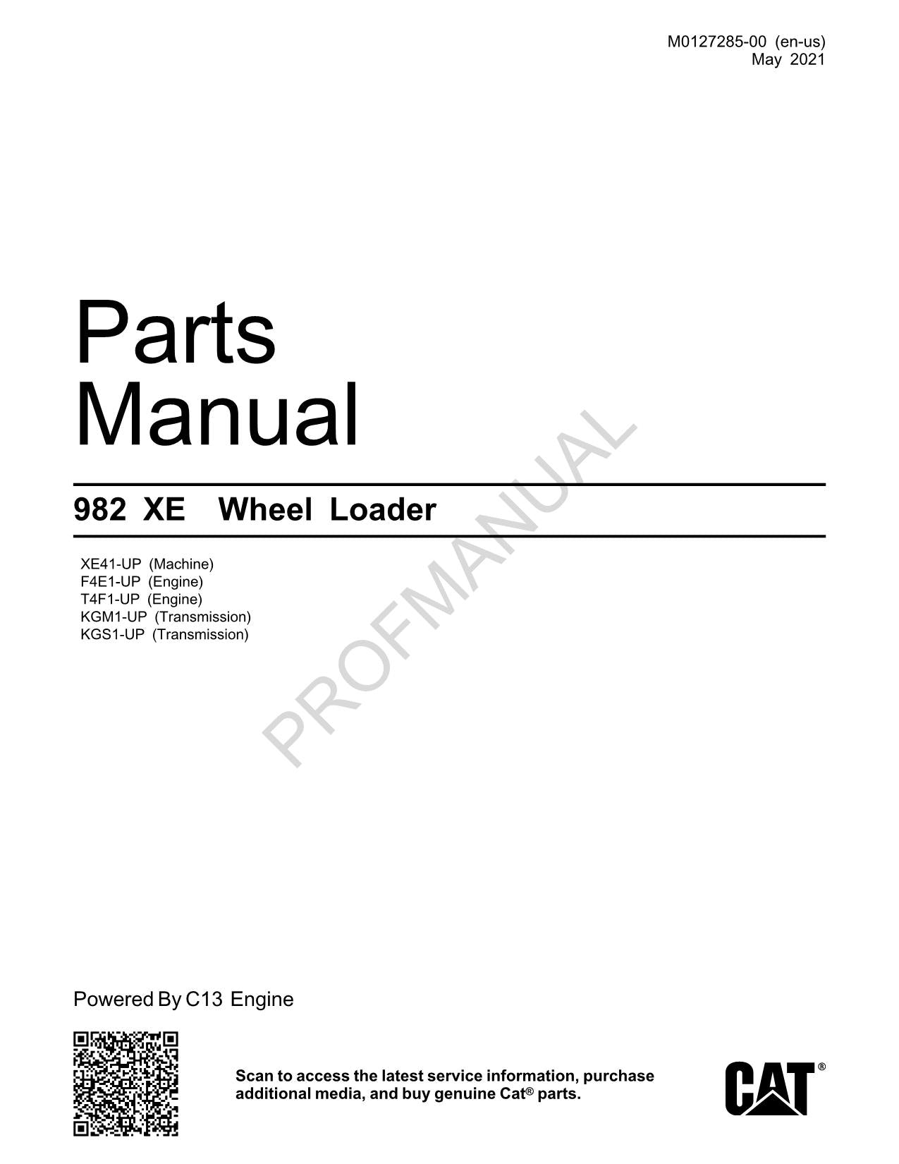 Caterpillar Cat 982 XE Wheel Loader Parts Catalog Manual M0127285