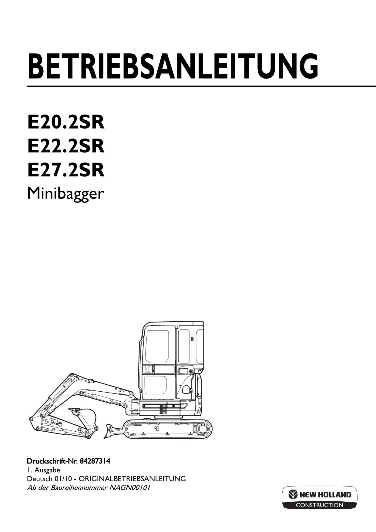 New Holland E20 2SR E22 2SR E27 2SR Bagger Manuel d'instructions