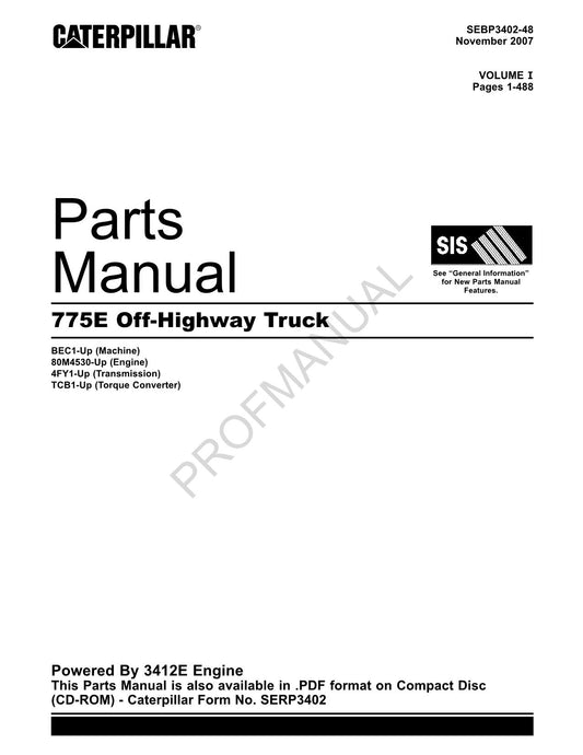 Caterpillar Cat 775E Off Highway Truck Parts Catalog Manual