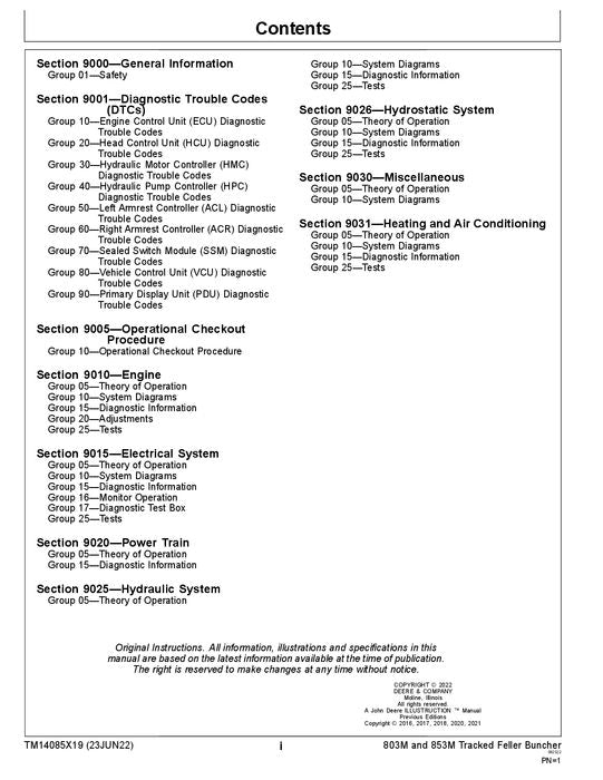 JOHN DEERE 803M 853M BUNCHER OPERATION TEST TECHNICAL MANUAL TM14085X19