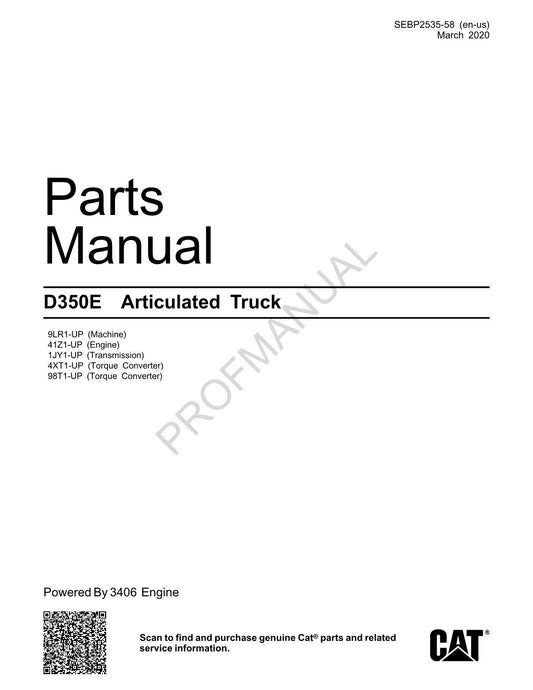 Caterpillar Cat D350E Articulated Truck Parts Catalog Manual