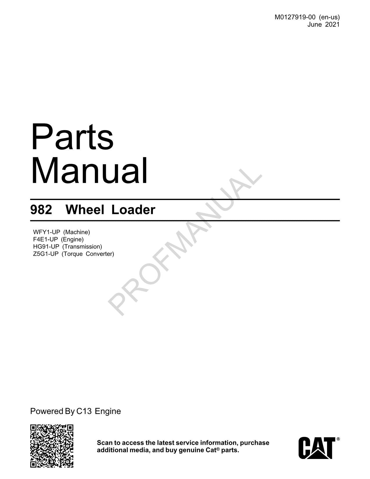 Caterpillar Cat 982 Wheel Loader Parts Catalog Manual M0127919