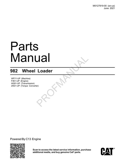 Caterpillar Cat 982 Wheel Loader Parts Catalog Manual M0127919