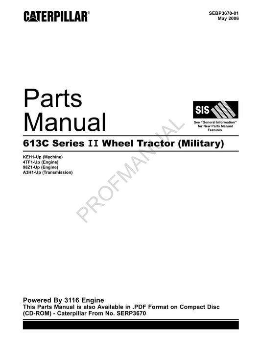 Caterpillar Cat 613C Series Ii Wheel Tractor Military Parts Catalog Manual