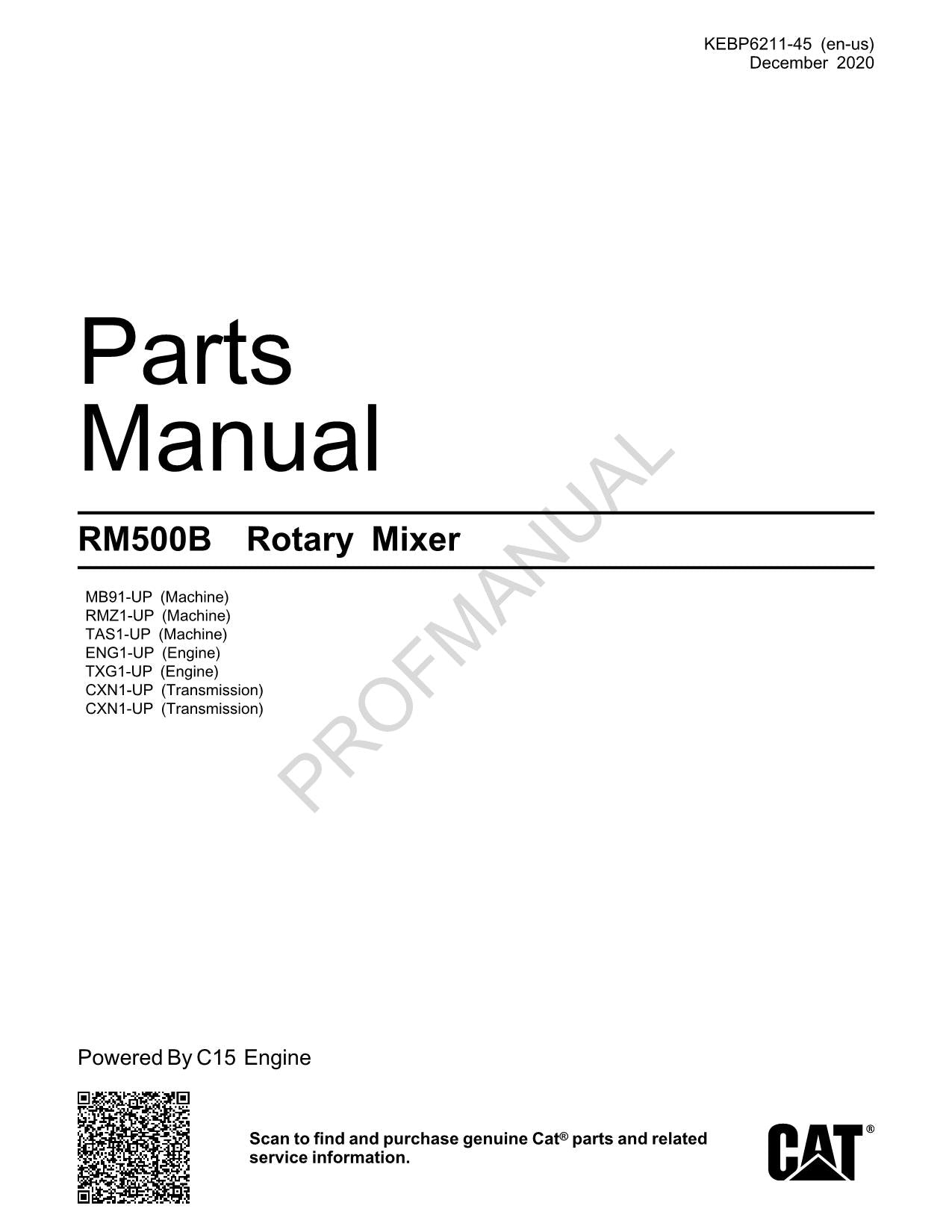 Caterpillar Cat RM500B Rotationsmischer Straßenrückgewinnungs-Ersatzteilkatalog, Handbuch KEBP6211