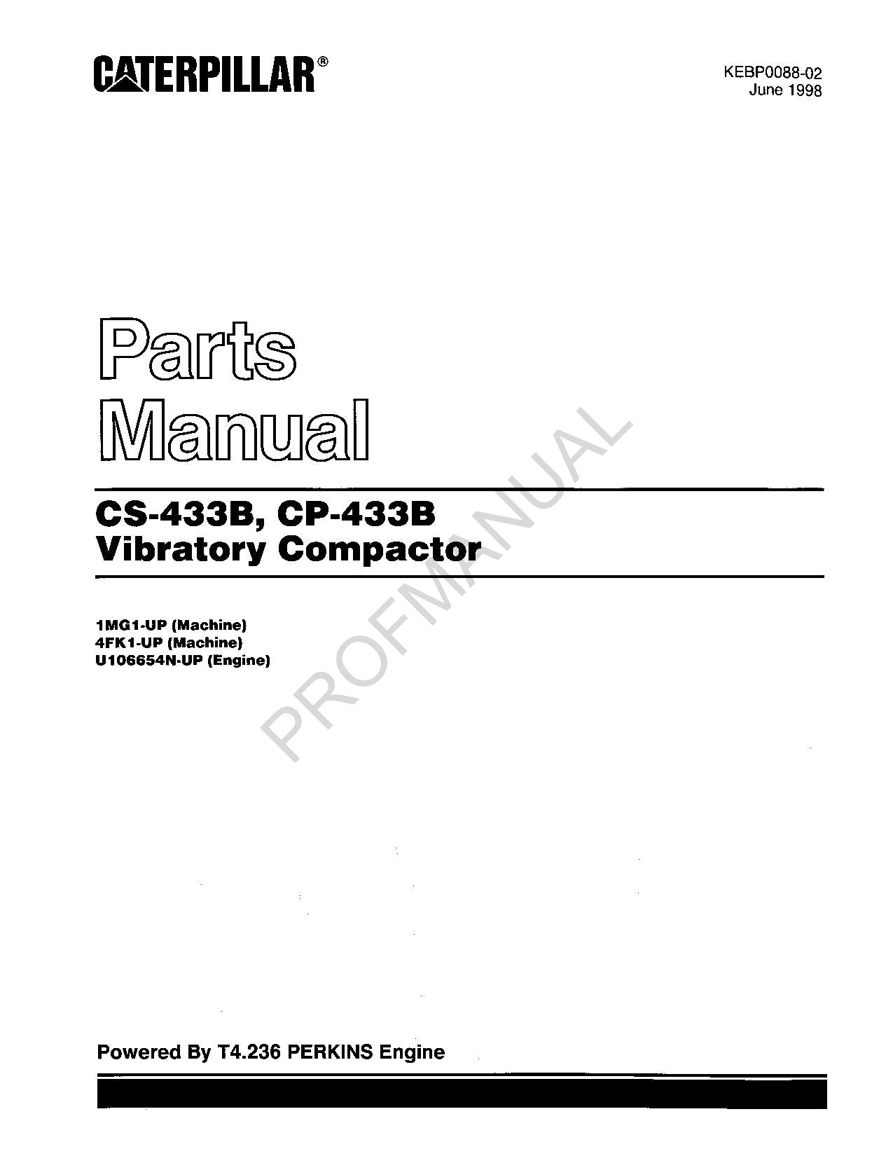 Caterpillar Cat CS433B CS433B Vibratory Compactor Parts Catalog Manual KEBP0088