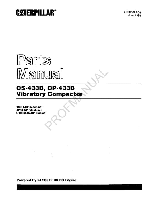 Caterpillar Cat CS433B CS433B Vibratory Compactor Parts Catalog Manual KEBP0088