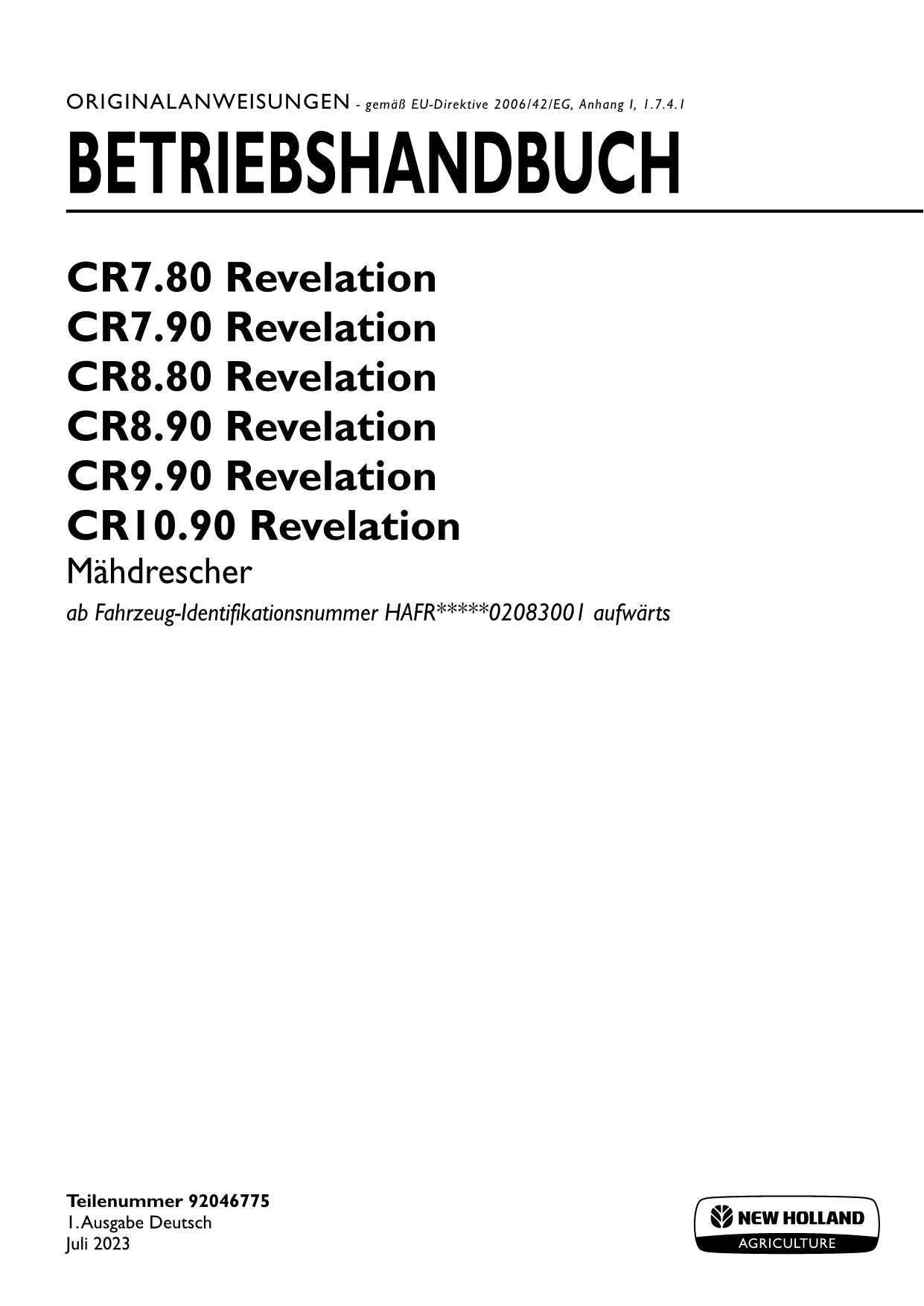 New Holland CR10 90 CR7 80 CR7 90 Revelation Mähdrescher Betriebsanleitung