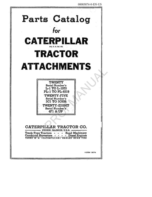 Caterpillar Twenty Twenty Five Twenty Eight Tractor Attach Parts Catalog Manual