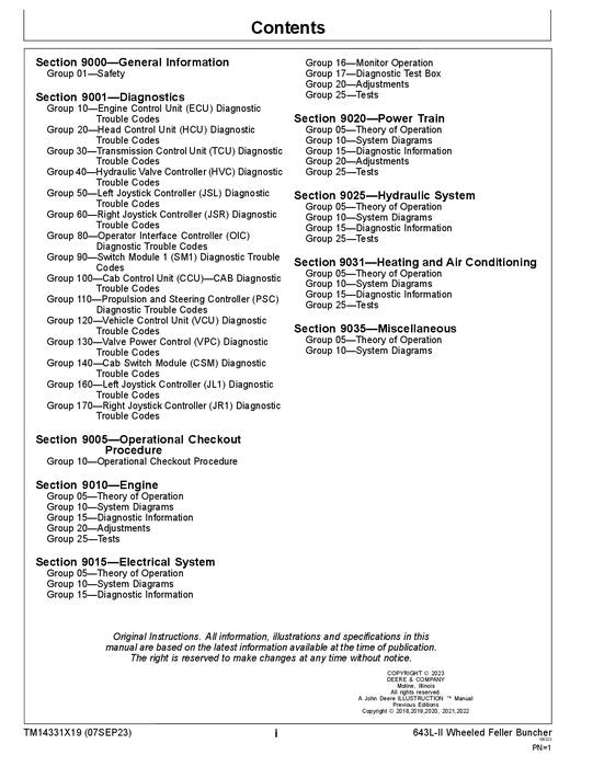 JOHN DEERE 643L-II FELLER BUNCHER OPERATION TEST TECHNICAL MANUAL TM14331X19