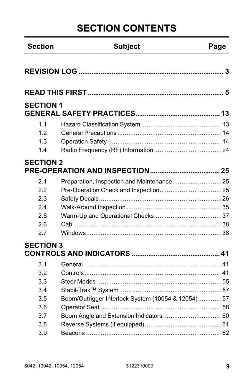 SKYTRAK 10042 10054 12054 8042 Telehandler Operators Manual 3122310000