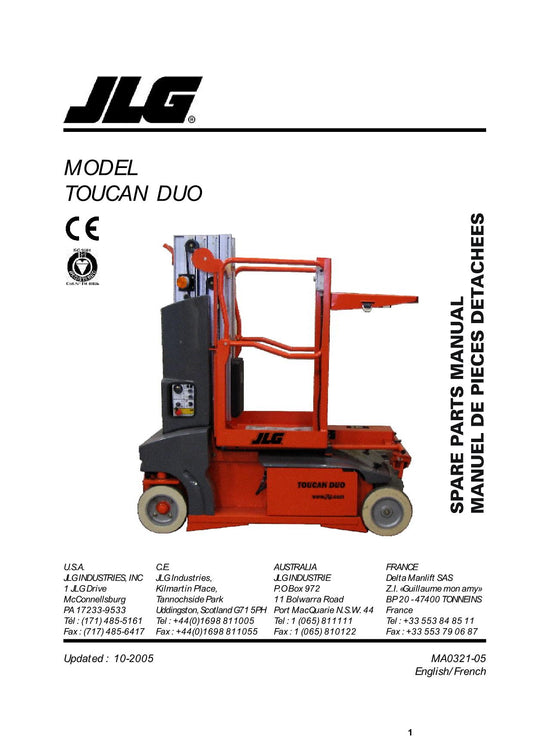 TOUCAN Duo Vertical Lift Parts Catalog Manual S.N. 5302-5311 MA032105