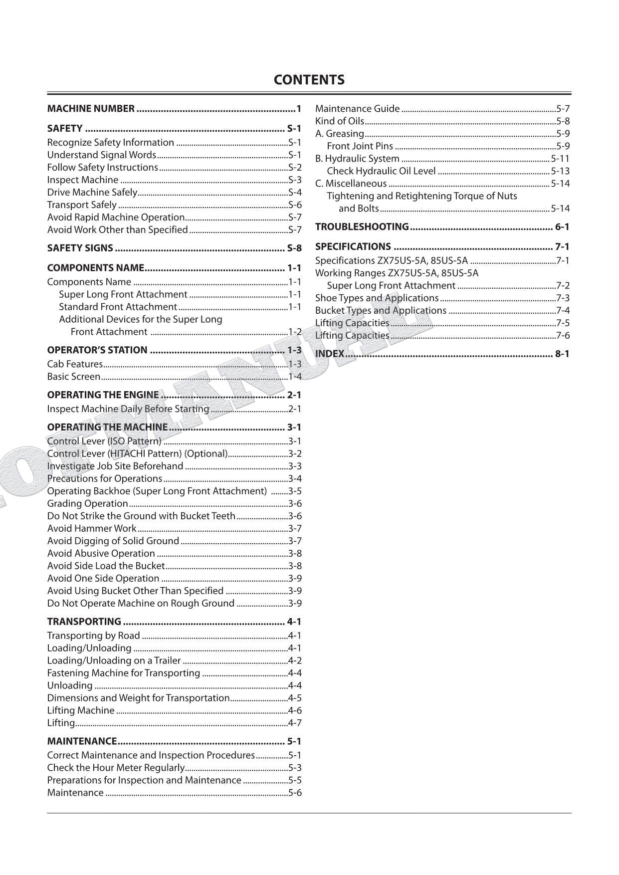 HITACHI ZX75US-5A ZX85US-5A Super Long Front Excavator Parts Catalog Manual