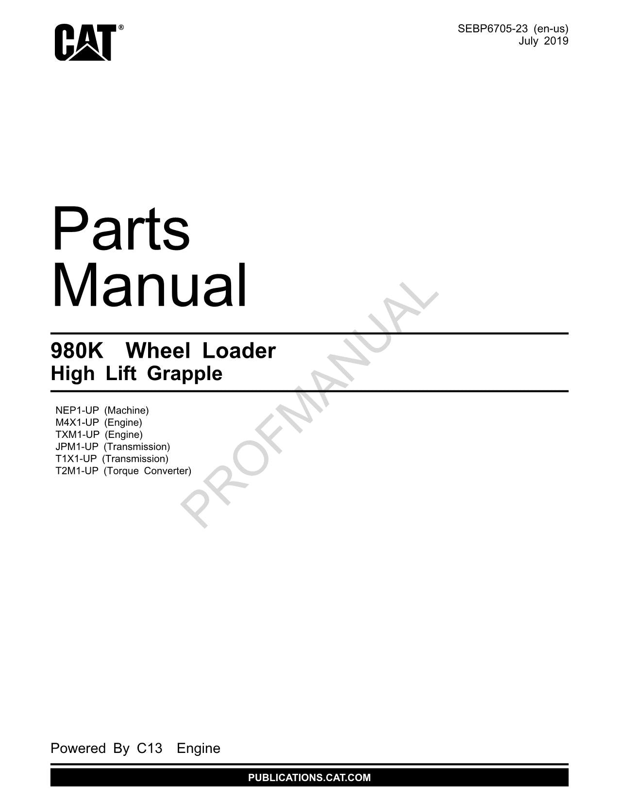 Caterpillar 980K Wheel Loader High Lift Grapple Parts Catalog Manual SEBP6705