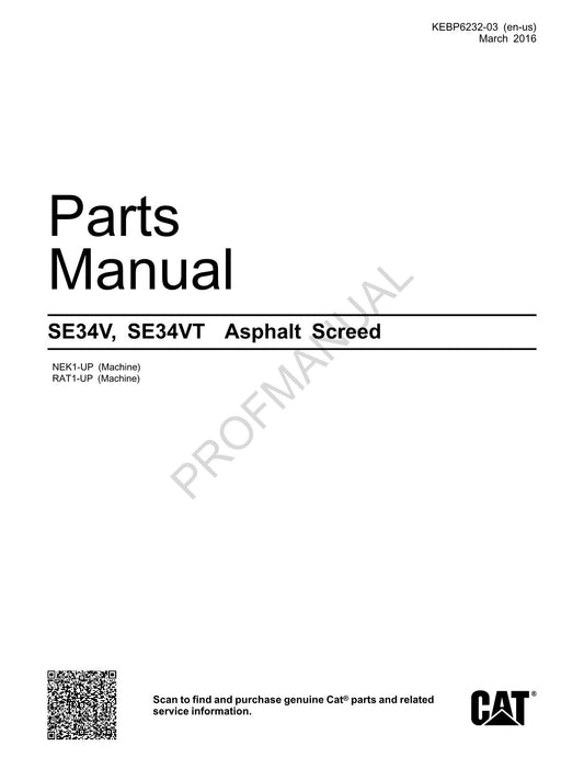 Caterpillar Cat SE34V SE34VT Asphalt Screed Parts Catalog Manual