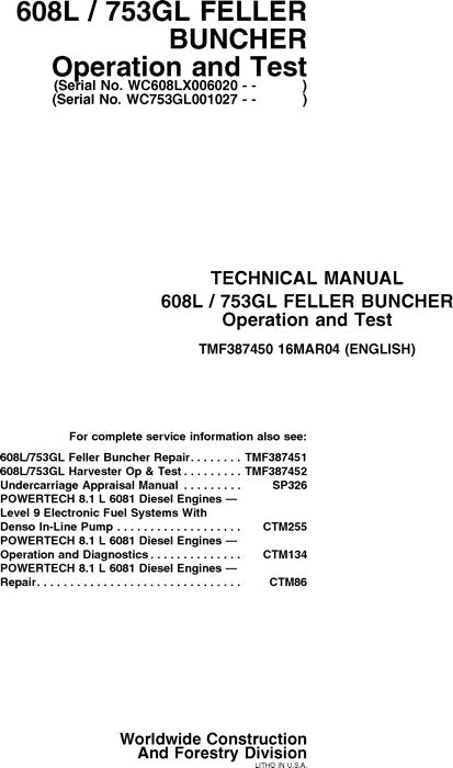 JOHN DEERE 753GL 608L TRACKED FELLER BUNCHER SERVICE REPAIR MANUAL