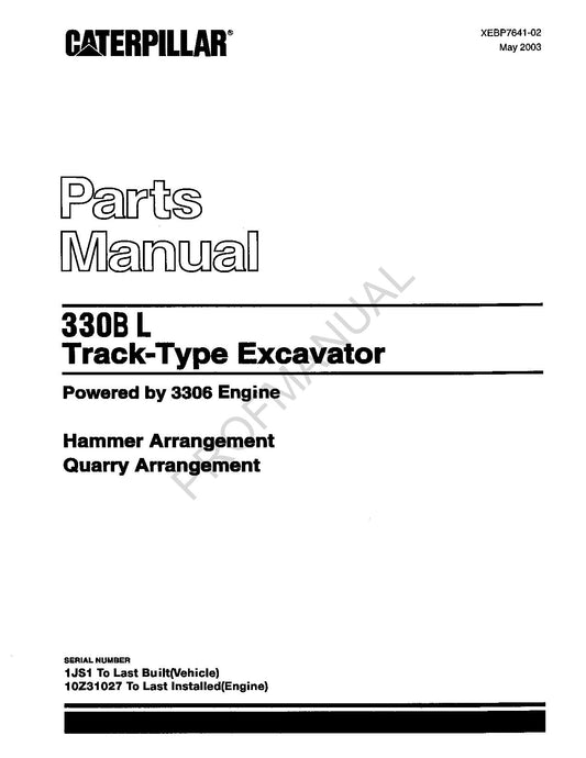 Caterpillar Cat 330B L Track Type Excavator Parts Catalog Manual