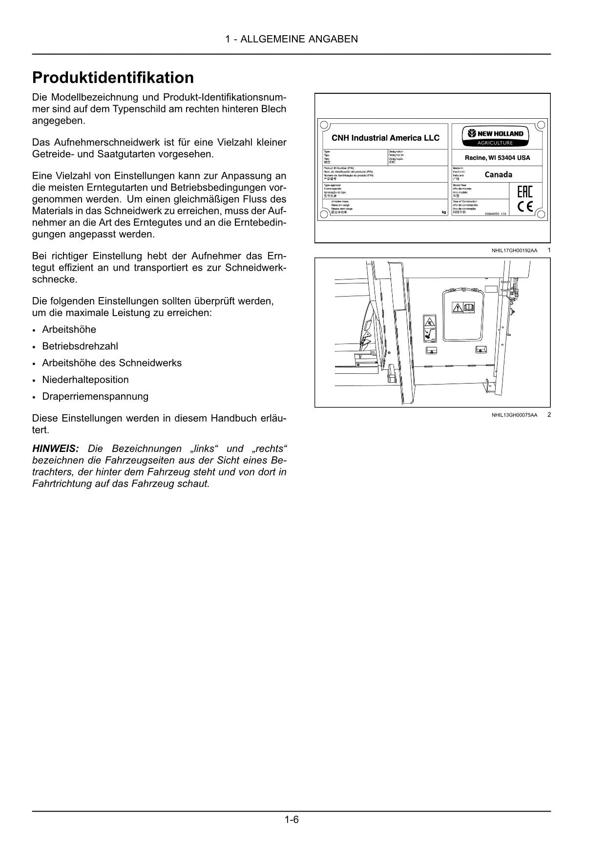 New Holland 790CP Aufnehmerschneidwerk Betriebsanleitung YES058001 aufwärts