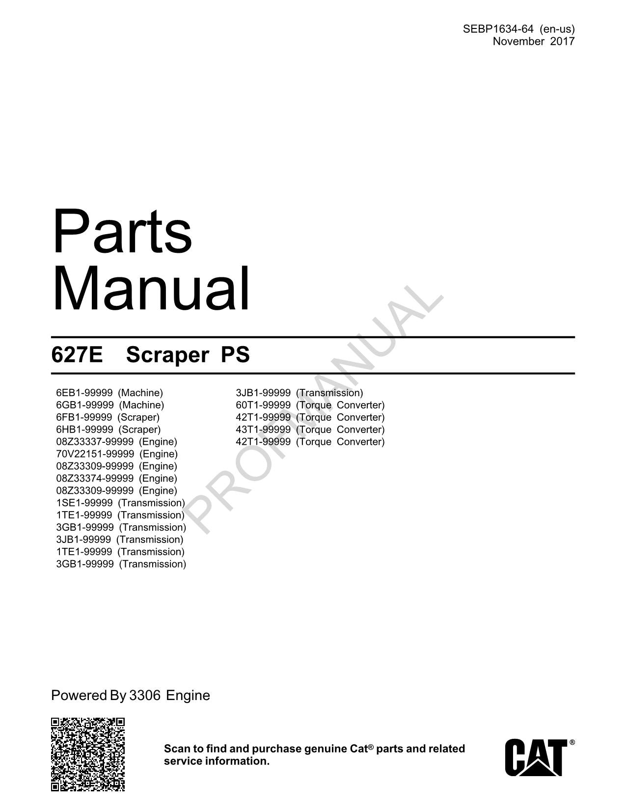 Caterpillar Cat 627E Wheel Tractor Scraper Parts Catalog Manual SEBP1634