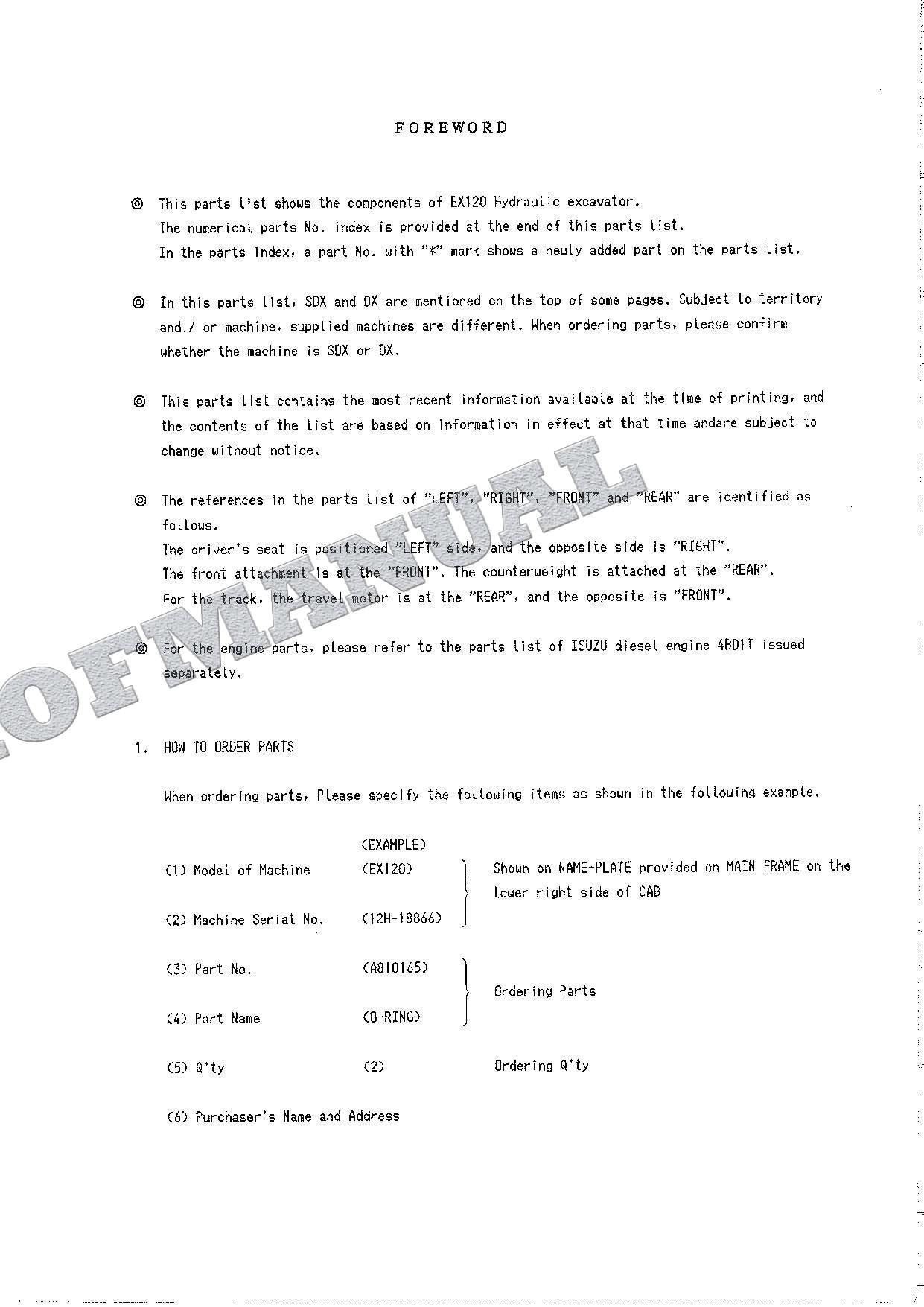 HITACHI EX120 Excavator Parts Catalog Manual SN 18866