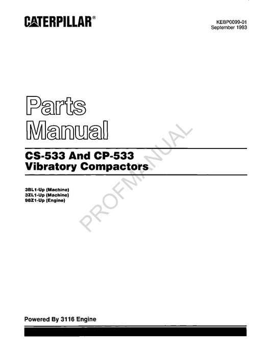 Catalogue de pièces détachées pour compacteur vibrant Caterpillar CS 533 CP 533 Manuel KEBP0099