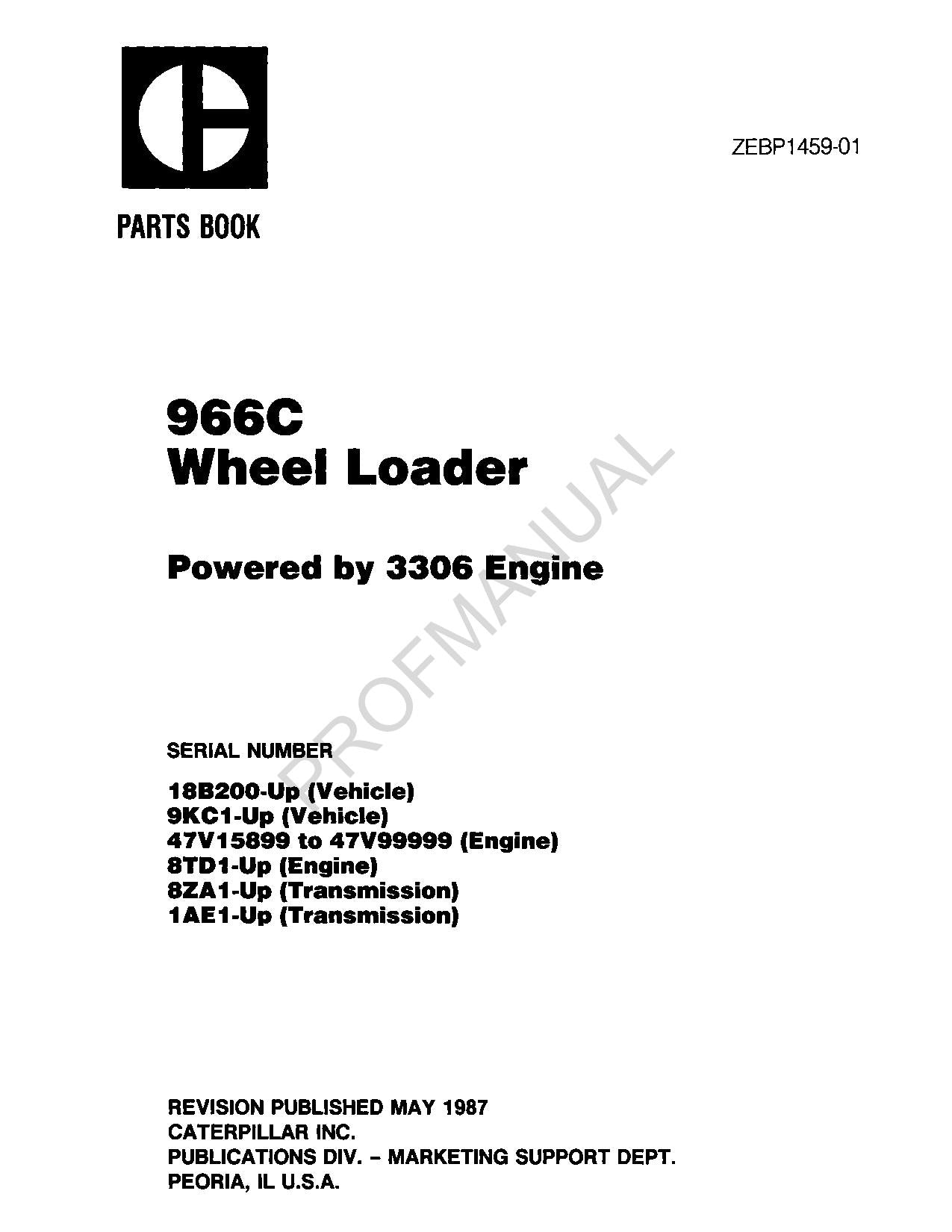 Caterpillar Cat 966C Wheel Loader Parts Catalog Manual ZEBP1459