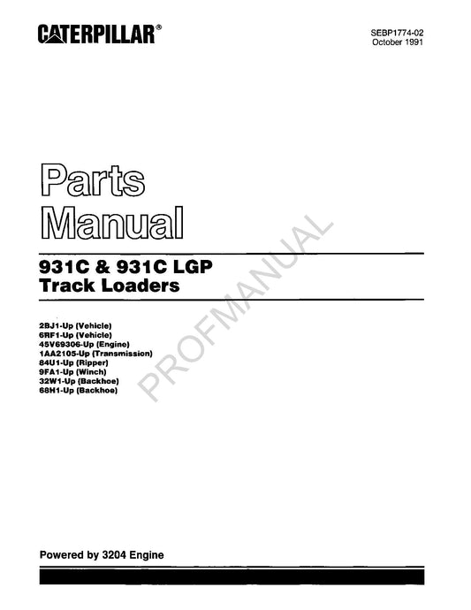 Caterpillar Cat 931C 931C LGP Track Loaders Parts Catalog Manual