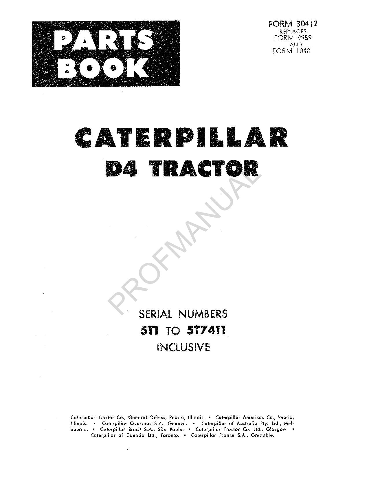 Caterpillar Cat D4 Tractor Parts Catalog Manual ser 5T1-7411