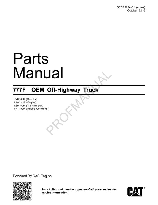 Caterpillar Cat 777F OEM Off Highway Truck Parts Catalog Manual