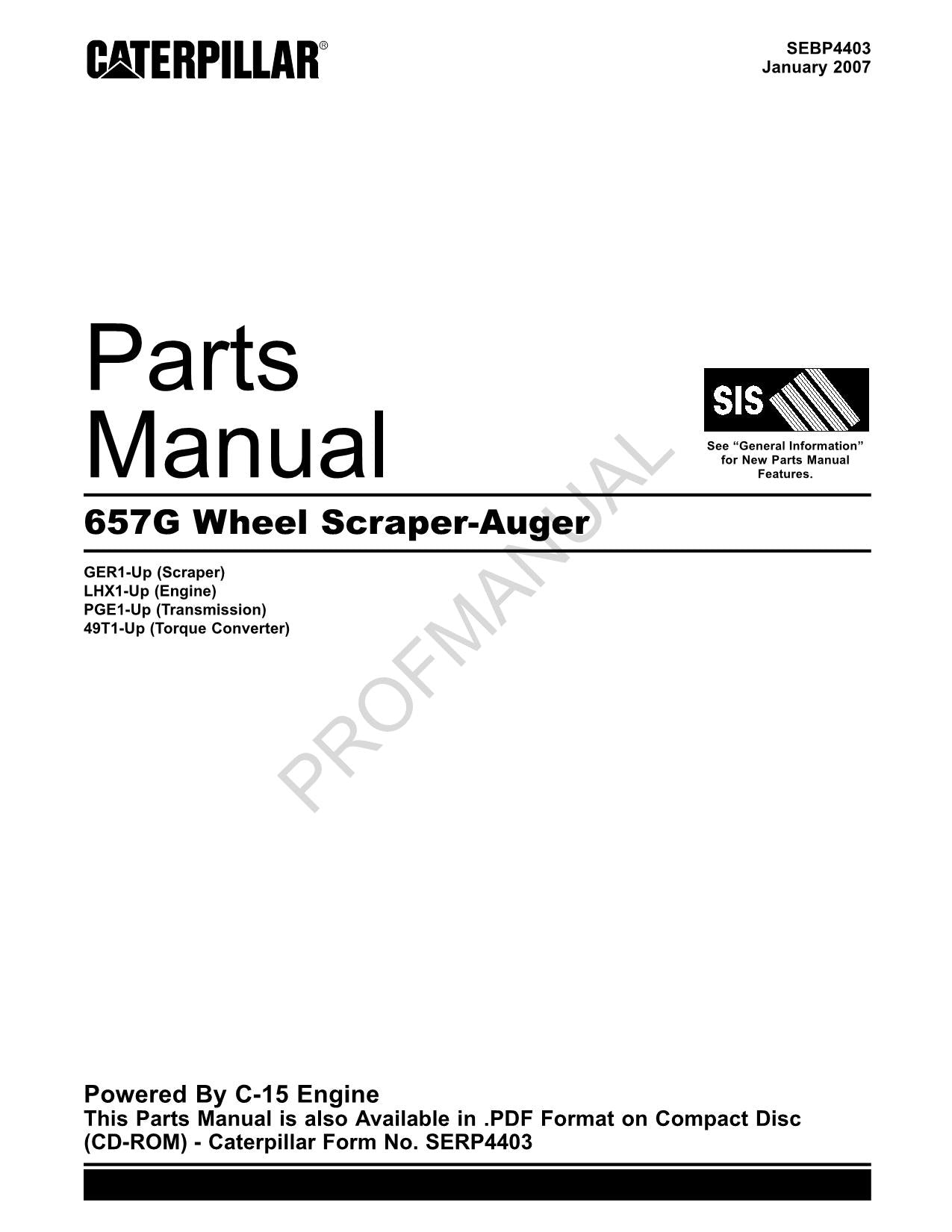 Caterpillar Cat 657G Wheel Scraper Auger Parts Catalog Manual