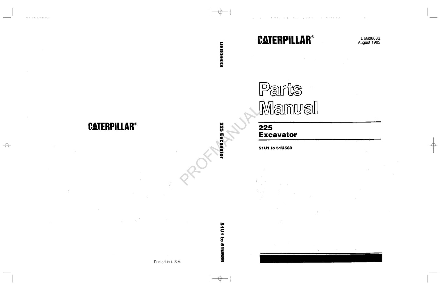 Caterpillar Cat 225 Excavator Parts Catalog Manual ser 51U1to51U589