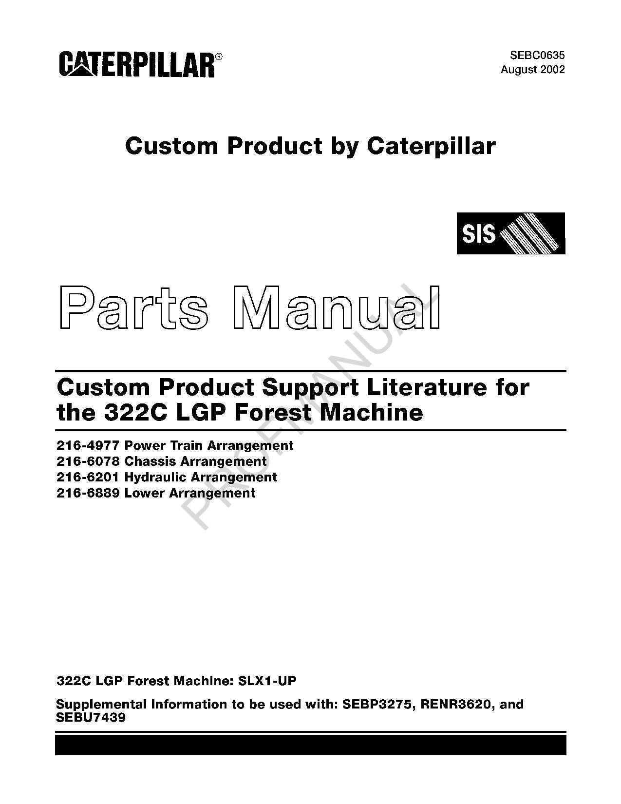 Caterpillar Custom Product Lit 322C LGP Forest Machine Parts Catalog Manual