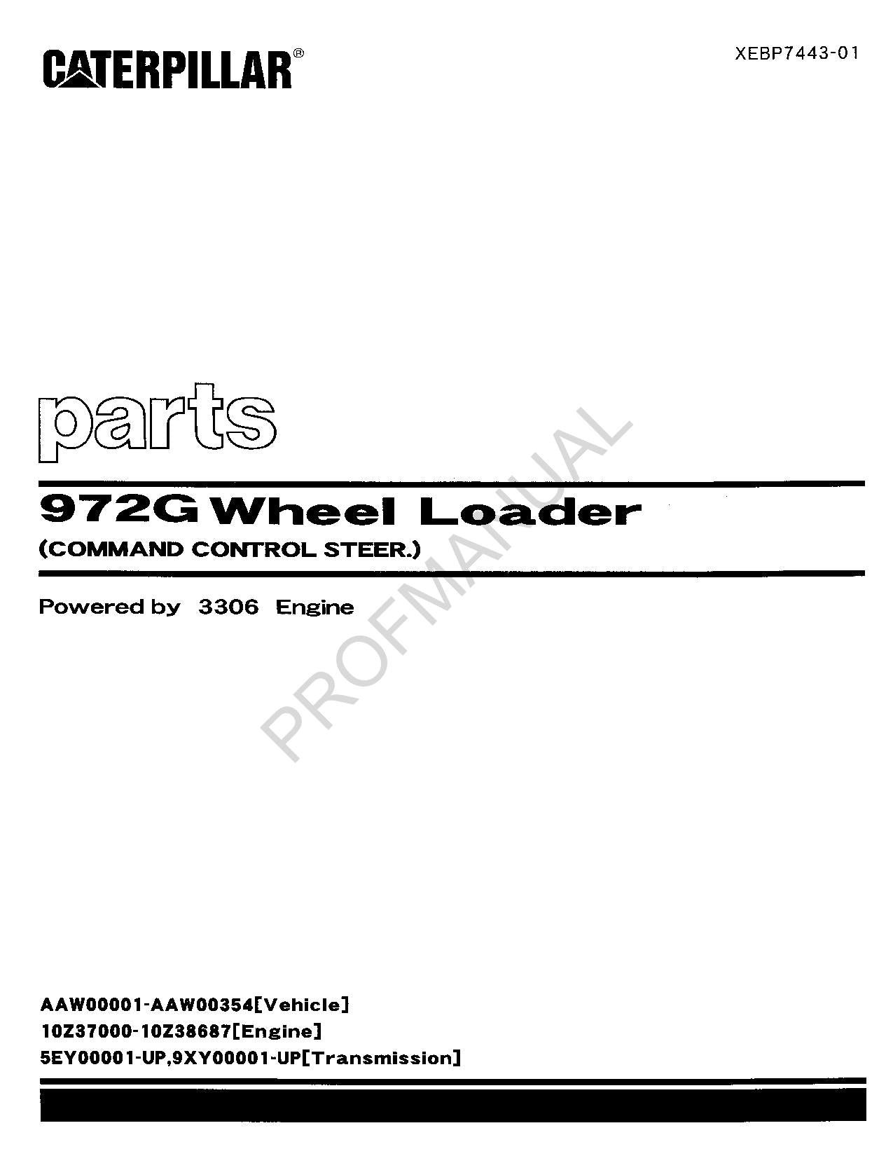 Caterpillar Cat 972G Wheel Loader Steering Parts Catalog Manual XEBP7443